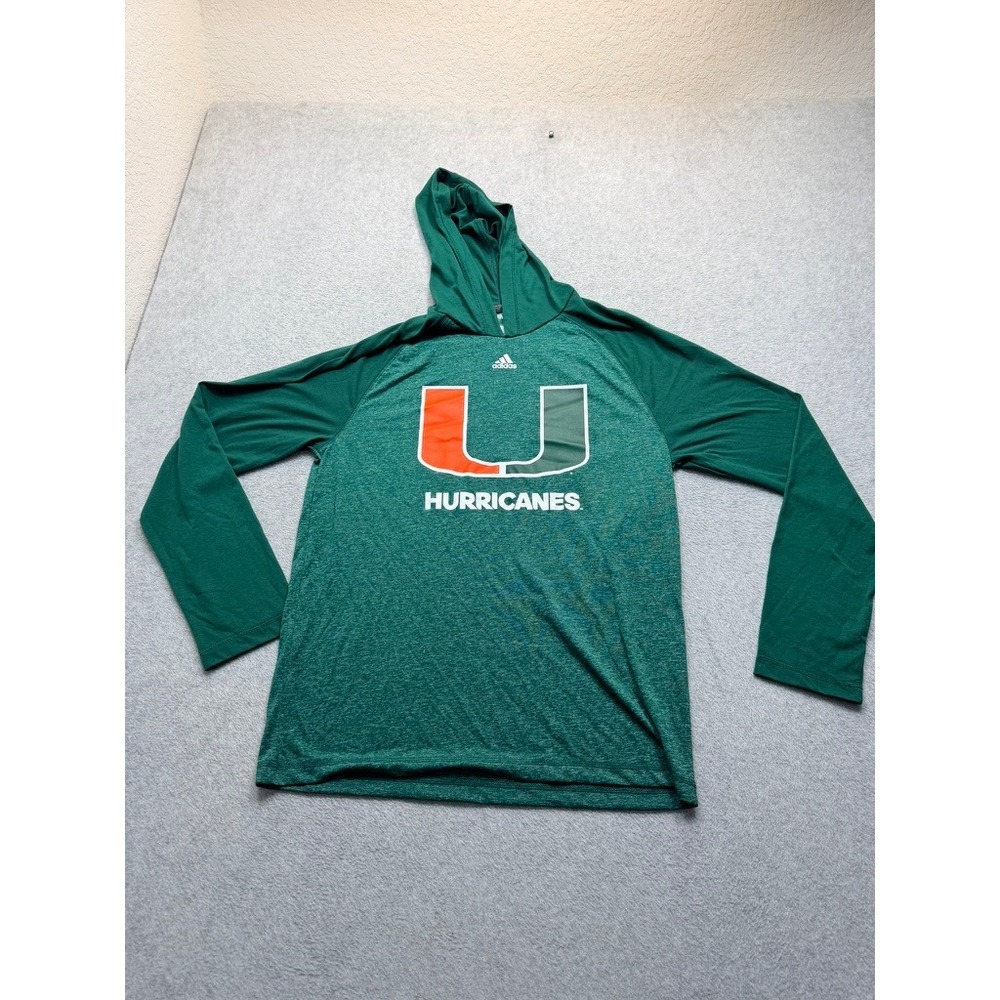 Adidas Miami Hurricanes Mens Green Long Sleeve Hooded T-Shirt Size Large